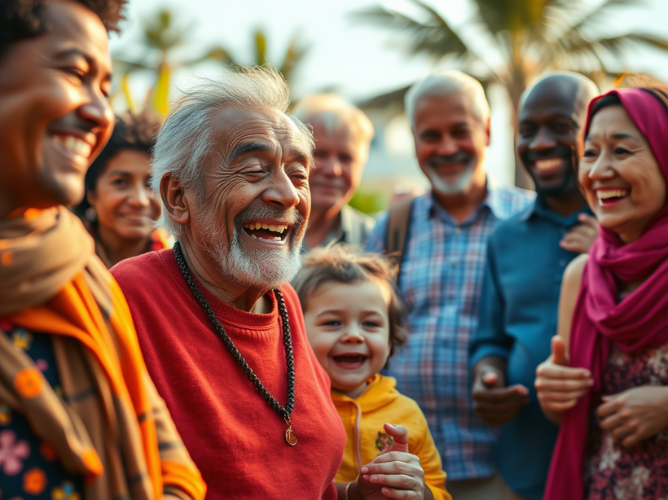 A joyful, multicultural group of people of various ages gathered outdoors, all smiling and laughing together. At the center, an older man with gray hair and a beard, wearing a red sweater and a beaded necklace, appears especially animated and happy. A young child in a yellow hoodie stands beside him, also smiling. The group includes men and women dressed in colorful clothing, with palm trees and soft natural light in the background, suggesting a warm, relaxed setting. The image radiates a sense of community, warmth, and intergenerational connection.