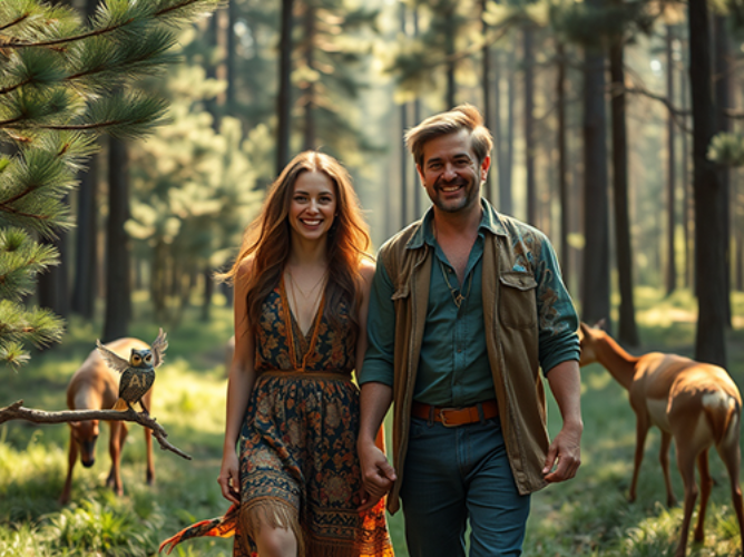 A smiling couple walks hand-in-hand through a sunlit forest, surrounded by tall pine trees and dappled sunlight. The woman wears a flowing patterned dress, while the man is dressed in a casual shirt and vest. Deer can be seen nearby, peacefully grazing and adding to the serene, natural setting. On a branch to the left, an owl with a small sign reading “AI” is perched, adding a subtle, whimsical touch to the scene. The atmosphere is warm and idyllic, evoking a sense of harmony with nature.