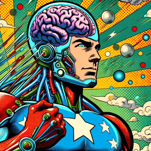 A vibrant, comic book-style illustration of a superhero with a mix of human and robotic features. The figure has a prominent, muscular build and is dressed in a blue suit adorned with white stars, reminiscent of classic superhero costumes. The left side of the head is mechanical, with circuitry and cables, while the top of the head is transparent, revealing a colorful brain. The background features dynamic pop art elements, including bursts of yellow and green rays, polka dots, clouds, and planets, enhancing the retro comic aesthetic. The superhero's expression is confident and determined, evoking a sense of power and futuristic technology.