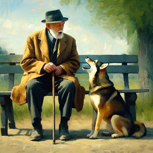 A soft, painterly image of an elderly man sitting on a wooden park bench with a dog sitting attentively beside him. The man, dressed in a long brown coat, dark pants, and a green fedora, holds a cane and leans slightly forward, appearing to speak to the dog. He has a white beard and a kindly expression. The dog, a large breed with brown and black fur, looks up at the man with its mouth open as if responding to him. The background shows a peaceful outdoor setting with trees and a grassy area bathed in gentle sunlight, creating a warm, tranquil atmosphere.