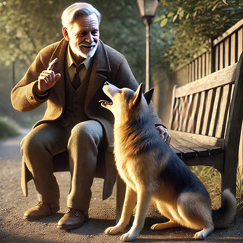 A warm, detailed image of an older man sitting on a wooden park bench with a dog beside him. The man, with white hair and a beard, wears a brown tweed suit and coat and smiles warmly at the dog. He gestures with his hand as if speaking to the dog, sitting attentively and looking up at him with an open mouth, appearing engaged. The park setting around them is serene, with soft sunlight filtering through the trees, casting gentle shadows. The scene conveys a sense of companionship and peacefulness.