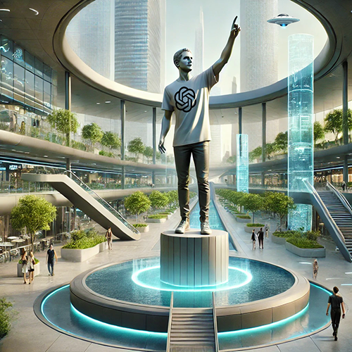 The image depicts a futuristic city plaza featuring a giant, lifelike statue of a man wearing a t-shirt with the ChatGPT logo. The statue stands on a circular platform surrounded by a glowing, illuminated fountain. The plaza is enclosed by modern, open-air architecture with multiple levels connected by sleek staircases and lined with greenery, including trees and shrubs. In the background, towering skyscrapers rise, and a flying saucer hovers above the scene. The atmosphere is highly advanced and clean, blending technology, nature, and public spaces in a utopian future vision.