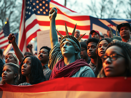 A diverse group of people gathered in a patriotic setting, with American flags prominently displayed in the background. At the center, a person dressed as the Statue of Liberty, complete with the crown and green face paint, raises a clenched fist in a powerful gesture. The crowd around them appears united and solemn, all gazing forward with determined expressions. The image conveys themes of solidarity, patriotism, and activism.