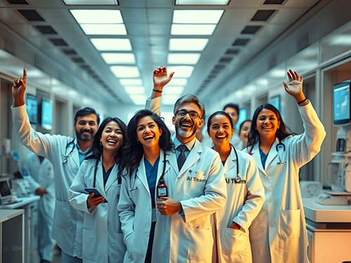 A group of smiling medical professionals, dressed in white lab coats with stethoscopes, standing in a brightly lit hospital hallway. They appear joyful and celebratory, with several members raising their arms in excitement. The team, which includes both men and women, stands closely together, projecting a sense of camaraderie and accomplishment. The setting is modern, with medical equipment and monitors visible along the hallway. Badges on some coats say "AI Team," suggesting they may be part of a specialized medical technology or research group.