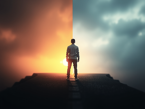 A man stands at the center of a path, facing away from the viewer, with his silhouette dividing two contrasting scenes. The left side is bathed in warm, orange light, suggesting sunrise or sunset, with a bright sun low in the sky. The right side is dark and moody, with cloudy, stormy skies in shades of blue and gray. The man appears contemplative, positioned between light and darkness, symbolizing a choice or a transition between two opposing states.