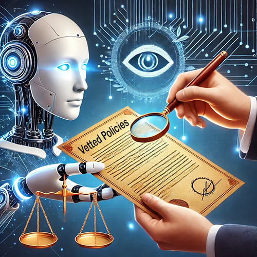 An image illustrating the process of reviewing and approving policies with the involvement of AI. On the left, a humanoid robot with glowing blue eyes holds a document labeled "Vetted Policies." Human hands closely inspect the document on the right with a magnifying glass. Behind the robot, a giant digital eye symbol hovers, representing oversight, surveillance, or AI analysis. Below the document, a set of scales of justice appears, emphasizing fairness and legal standards. The background includes circuitry patterns, symbolizing technology integration into governance or policy review. The image conveys themes of AI's role in regulatory processes and the importance of thorough vetting.