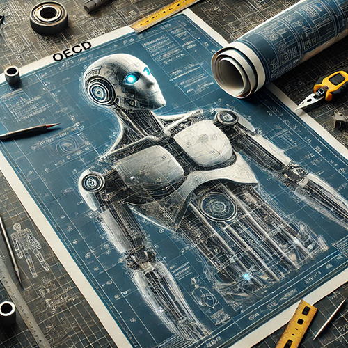 A detailed blueprint of a humanoid robot is laid out on a cluttered worktable. The robot's design features mechanical joints, wires, and internal circuits, with glowing blue lights on its head and chest. Surrounding the blueprint are various drafting tools, including rulers, a pencil, and a rolled-up blueprint. The table is covered with a dark technical grid; additional mechanical diagrams can be seen in the background. The robot's design resembles an advanced cyborg with intricate mechanical features. The word "OECD" is printed at the top of the blueprint.