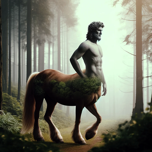 A surreal depiction of a centaur standing in a misty forest. The creature has the upper body of a muscular man with curly hair and the lower body of a horse. The horse's torso is blended with patches of green moss and small trees, giving the appearance of a natural landscape integrated into the centaur's body. The forest is dense with tall, slender trees, and the ground is covered in greenery. Soft light filters through the fog, creating a mystical and serene atmosphere.