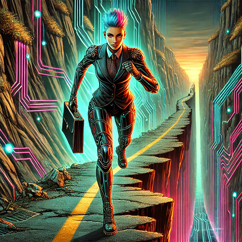 A futuristic scene depicting a person running on a narrow, crumbling road suspended between tall cliffs. The individual has a striking appearance, with short, spiky, multicolored hair, and is dressed in a black suit with intricate cybernetic enhancements on their body. They carry a briefcase in their right hand. The cliffs on either side are embedded with glowing neon circuit patterns in shades of pink and blue, giving a sci-fi, high-tech atmosphere. The road beneath the person is cracked and deteriorating, leading toward a bright, glowing horizon in the distance, suggesting urgency and a challenging journey.