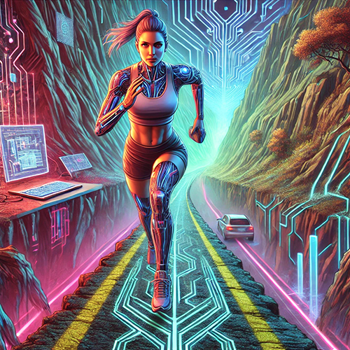 The image portrays a woman with a cybernetic body running on a futuristic road lined with glowing circuitry patterns that extend into the surrounding environment. She has robotic enhancements on her limbs and torso, blending human athleticism with advanced technology. In the background, a car drives along the road, while on the left, a glowing desk with a laptop and circuit boards suggests a high-tech control center. The scene is set between towering cliffs, with vibrant neon colors of pink, blue, and green, creating a surreal, tech-infused landscape that merges fitness with futuristic technology.