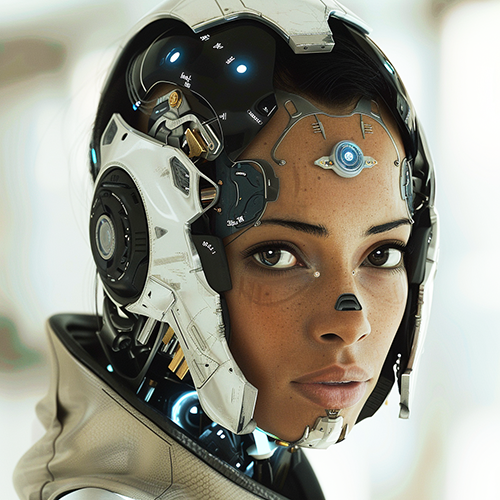 A close-up portrait of a woman with a futuristic cyborg appearance. Her face is partly human, showing natural skin, freckles, and expressive eyes, while the rest is integrated with advanced technological elements. Metallic and robotic components cover portions of her head and face, with illuminated circuits, small lights, and mechanical joints seamlessly blending with her human features. The overall design of her helmet and cybernetic enhancements is sleek, with white and silver tones, suggesting a sophisticated and advanced technology. The background is softly blurred, focusing attention on her hybrid human-machine visage.