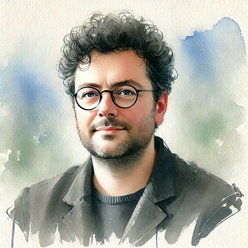 A watercolor-style portrait of a man with curly dark hair, round glasses, and a short beard, depicted with a calm expression. He wears a dark jacket over a round-neck shirt. The background is softly blurred with light blue and green hues, giving the portrait a serene, artistic quality. The image has gentle, painterly strokes and soft edges, characteristic of watercolor art.