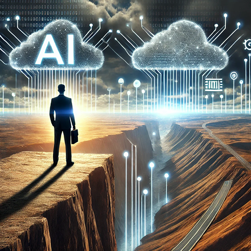 A digital artwork depicting a man in a suit, holding a briefcase, and standing on the edge of a cliff overlooking a vast canyon. The sky is filled with two large glowing clouds, each with circuitry-like designs and connecting lines. The cloud on the left is labeled "AI" in bright letters, suggesting artificial intelligence, while the cloud on the right is adorned with symbols resembling computer chips and network nodes. The canyon stretches into the horizon, with illuminated lines and digital patterns extending from the ground toward the clouds, creating a high-tech, futuristic landscape. A road can be seen winding along the edge of the canyon.