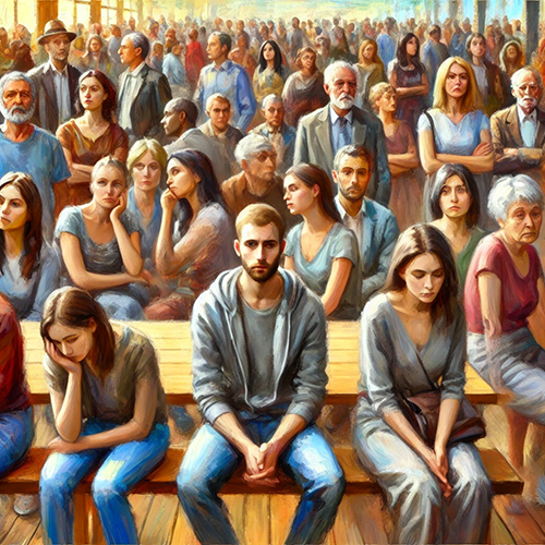 A detailed, painterly image depicting a large crowd of people in a densely packed indoor space. In the foreground, several young adults, both men and women, sit on a wooden bench with downcast expressions, appearing thoughtful or detached. They wear casual clothing in muted tones, such as jeans and gray or neutral-colored shirts. Behind them stands a diverse group of individuals of varying ages and ethnicities, many looking directly at the viewer. The image's mood is somber, with a sense of quiet reflection or melancholy shared among the crowd. The warm lighting and soft brushstrokes give the scene a contemplative, almost timeless atmosphere.