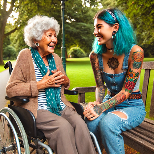 A vibrant and cheerful image of two women sitting together on a park bench. On the left, an older woman with short white hair, wearing a brown cardigan, striped shirt, and green scarf, sits in a wheelchair. She is laughing and holding her hands near her chest. On the right, a younger woman with bright blue hair, multiple tattoos, and piercings is wearing a denim outfit and sits on the bench beside her. Both women are engaged in a joyful conversation, smiling warmly at each other. The background features a lush green park with trees and soft sunlight, creating a warm and friendly atmosphere.