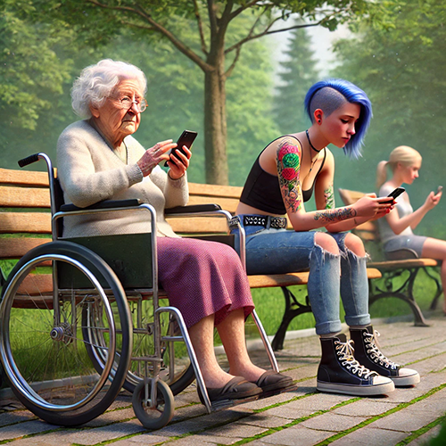 A vibrant and detailed illustration of two women sitting side by side on a park bench, both focused on their smartphones. On the left, an older woman with white hair and glasses sits in a wheelchair, wearing a gray sweater and a long purple skirt. To her right, a younger woman with short, bright blue hair and tattoos on her arms wears a black tank top, ripped jeans, and black boots. She is also engrossed in her phone. In the background, another person, sitting further down the bench, similarly uses a phone. The scene takes place in a green, leafy park, contrasting the generational differences in style but highlighting shared modern habits.