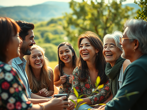 A cheerful, multi-generational group of people gathered outdoors, sharing smiles and laughter in a natural, green setting with hills in the background. The group includes both younger and older adults, all seated closely together and engaged in conversation. They are dressed casually, with one person holding a cup, suggesting a relaxed, friendly gathering. The warm, natural light adds to the joyful, harmonious atmosphere, emphasizing themes of togetherness and connection.