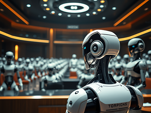 A futuristic scene featuring a large gathering of humanoid robots seated in a modern auditorium or conference hall. In the foreground, one robot faces forward, with sleek white and black armor and illuminated blue accents. The auditorium is filled with rows of identical robots, all appearing attentive, as if attending a presentation or assembly. Overhead lighting creates a focused, high-tech atmosphere. The scene evokes themes of artificial intelligence, robotics, and a mechanized society.