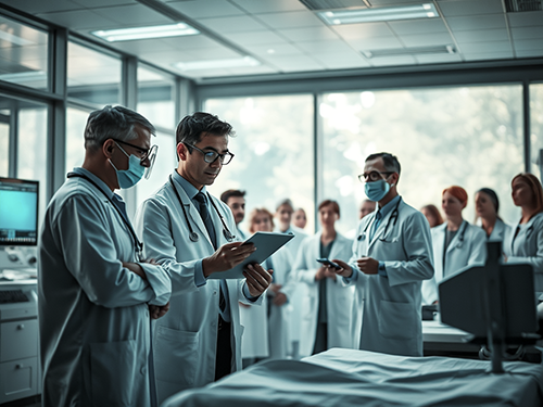 A group of medical professionals in white lab coats gathered in a modern hospital or lab setting, with large windows providing natural light. Three doctors in the foreground, two wearing face masks, are focused on a tablet held by the central figure, possibly discussing patient data or medical information. Additional medical staff stand in the background, observing attentively. The scene conveys a collaborative, professional environment with an emphasis on medical teamwork and technology.