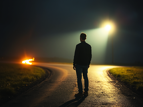 A man stands alone on a dimly lit road at night, facing a fork where the path splits in two directions. He is silhouetted under a streetlight casting a narrow beam of light, creating a dramatic contrast against the surrounding darkness. In the distance to the left, there is a small, bright fire or light source illuminating part of the road. The scene evokes a sense of solitude, contemplation, or a choice to be made at the crossroads.