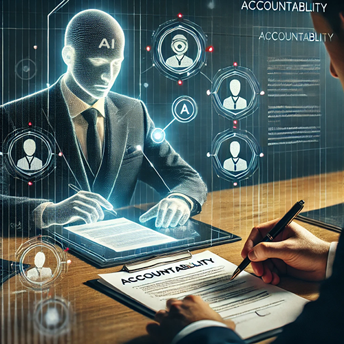 A digital representation of a businessman interacting with AI, analyzing data on a tablet, with a focus on accountability.