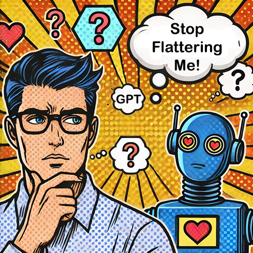 The image is a pop-art style illustration featuring a man with blue/black hair and glasses, holding his chin in a thoughtful pose. To his right is a blue robot with heart-shaped eyes and a heart on its chest. The robot has a speech bubble that says, "Stop flattering me!" Surrounding both characters are various question marks and symbols, including the letters "GPT" near the robot's head. The background is a vibrant yellow with radial lines, evoking a comic book aesthetic. The overall theme suggests playful interaction between humans and AI, with a lighthearted tone.