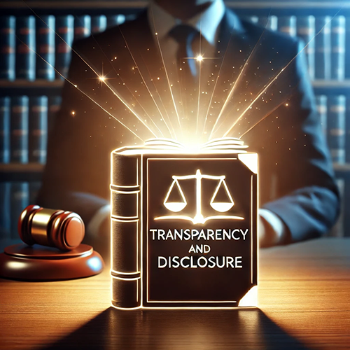 An image of a glowing book titled "Transparency and Disclosure" on a wooden desk emits bright light and sparkles, symbolizing the importance of these concepts. The cover features a scales of justice icon, reinforcing the legal and ethical theme. To the left of the book is a gavel, representing the judiciary, while in the background, a person in a suit is seated, with a library of law books visible on the shelves. The radiant light from the book highlights the significance of openness and accountability within legal or regulatory contexts.