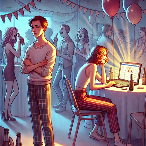 A brightly colored, stylized illustration of a party scene. In the foreground, a man stands with his arms crossed, looking uncomfortable or sad. He wears a light sweater and plaid pants. Next to him, a woman sits at a table, smiling at a laptop screen that illuminates her face. She wears striped pants and a sleeveless top. Several empty bottles are on the table. In the background, people mingle, laugh, and hold drinks, with party decorations like balloons and bunting hanging overhead. The overall mood contrasts the man’s discomfort and the lively party atmosphere.