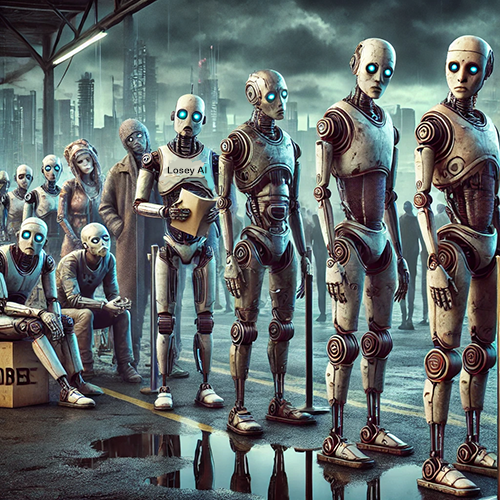 A dystopian scene showing a group of humanoid robots with worn, industrial designs standing in a line under a gloomy, overcast sky. Many of the robots have exposed joints, round blue eyes, and a slightly rusted, weathered appearance. Some are holding papers or clipboards, while a few sit on crates and benches, suggesting they are waiting or queuing for something. In the background, there are factories and smokestacks, contributing to the industrial, bleak atmosphere. One robot’s chest plate reads "Losey AI," hinting at their manufactured identity. The scene conveys themes of mechanization, obsolescence, and industrialization.