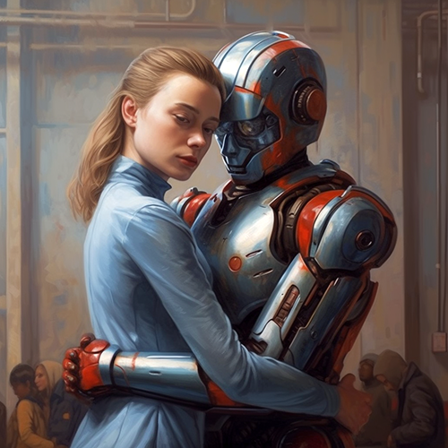 A realistic, detailed image of a woman embracing a humanoid robot. The woman, with light skin and long blonde hair tied back, wears a pale blue high-necked outfit and looks directly at the viewer with a calm, slightly detached expression. The robot has a metallic body with red and blue accents, and its face is emotionless, designed with sleek, mechanical features. They hold each other closely in a tender pose. In the blurred background, several people are seated, wearing casual clothing, contrasting the intimate foreground and the mundane setting behind them.