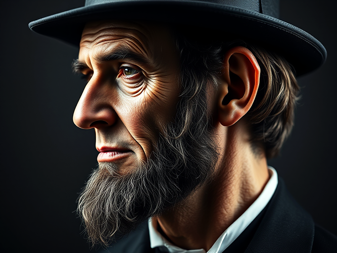 A highly detailed, profile portrait of a man with a prominent beard, wearing a black suit, white shirt, and a black top hat. His face is aged with deep wrinkles, and his expression is reflective and somber. The dark background contrasts with his sharp features, drawing attention to the thoughtful intensity in his gaze. The lighting highlights the textures of his skin and the classic style of his attire, evoking a sense of historical significance and dignity.