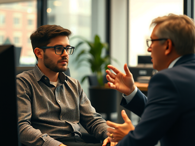 Two men are seated in a modern office, engaged in a focused conversation. The younger man on the left, wearing glasses and a checkered shirt, listens attentively with a severe expression. The older man on the right, dressed in a suit and also wearing glasses, is gesturing with his hands as he speaks, appearing to explain or emphasize a point. The background shows a softly blurred office environment with large windows and some greenery, giving the scene a professional yet relaxed atmosphere.