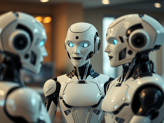 A close-up of three humanoid robots with sleek white and black designs standing in a small group, facing each other as if in conversation. Each robot has a smooth, expressive face with glowing blue eyes and a neutral expression. The heads and bodies feature rounded contours with black accents, visible joints, and mechanical components. Though details are indistinct, the background is softly blurred, suggesting an indoor environment with warm lighting. The scene gives an impression of interaction or communication among the robots.