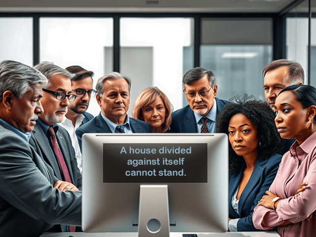 A diverse group of business professionals, consisting of men and women of various ages, stands closely around a computer monitor in an office setting. They appear serious and focused, looking intently at the screen, which displays the text, “A house divided against itself cannot stand.” The group members are dressed in formal business attire, with expressions ranging from concern to contemplation. Large windows in the background allow natural light to fill the room, highlighting the somber mood.