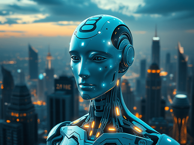 A futuristic humanoid robot stands against a city skyline backdrop at dusk. The robot has a sleek metallic body with a blue and silver finish, illuminated by small glowing lights across its face and body. Its facial features are smooth and human-like, with a neutral expression, and it has circular ear-like components on the sides of its head. The cityscape behind is filled with tall skyscrapers and bright lights, blurred slightly to emphasize the robot in the foreground. The scene evokes a sense of advanced technology in an urban, possibly futuristic setting.