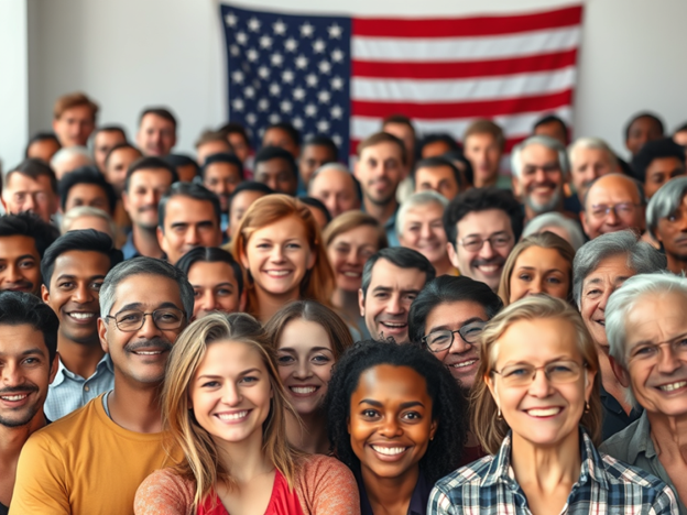 A large, diverse group stands closely together, smiling and facing the camera. The crowd includes men and women of various ages, ethnicities, and backgrounds, creating a sense of unity and inclusivity. An American flag is prominently displayed in the background, suggesting a patriotic or communal gathering. The individuals in the front row appear brightly lit, with friendly and welcoming expressions, while those further back are slightly out of focus. The image conveys a sense of togetherness and shared purpose.