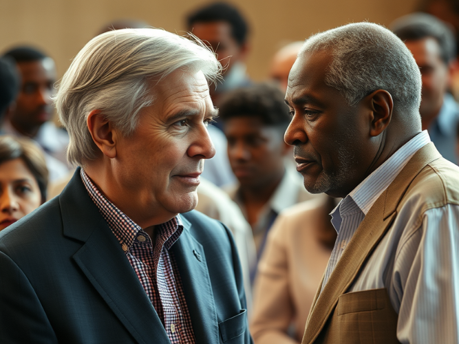 Two men, one with white hair and the other with gray hair, are engaged in an intense yet respectful face-to-face conversation in a crowded indoor setting. Both are dressed formally, one in a dark blazer and checkered shirt, and the other in a beige vest over a dress shirt. Their expressions convey seriousness and focus, suggesting a meaningful dialogue. In the blurred background, a diverse group of individuals listens or observes, emphasizing the broader context of understanding and collaboration. The image conveys a message of trust, empathy, and the importance of open communication.