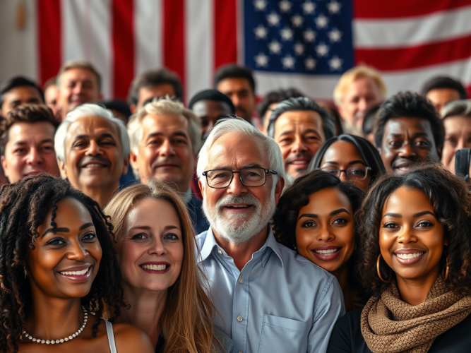 A diverse group of people, representing various ages and ethnicities, is gathered together, smiling warmly at the camera. The foreground prominently features a mix of men and women, including a man with glasses and a white beard and several women with vibrant smiles. In the background, more individuals are visible, creating a sense of a larger gathering. An American flag is displayed prominently on the wall, adding a patriotic tone to the setting. The atmosphere conveys unity, positivity, and inclusiveness.