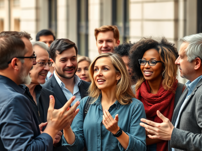 A group of diverse individuals engaged in a lively yet friendly discussion outdoors, set against an urban backdrop of stone buildings and large windows. The central woman, with light hair and a denim shirt, gestures expressively as others around her listen attentively, smile, or contribute to the conversation. The group includes people of different ages and ethnicities, creating a sense of inclusiveness. The warm expressions and open body language suggest a constructive and respectful exchange of ideas.