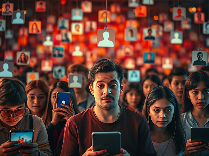 A group of people, mostly young adults, stands closely together, each holding a smartphone and gazing intently at their screens. The central figure, a man with a slightly concerned expression, is framed by others who appear equally absorbed. Above them, numerous icons of user profiles hang, illuminated against a blurred, vibrant backdrop filled with images and colors, symbolizing the overwhelming presence of social media. The scene conveys a sense of digital immersion and the pervasive influence of online connectivity.