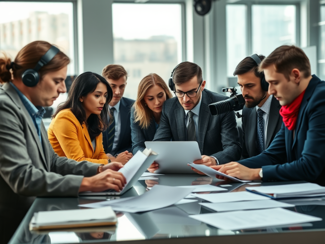 A group of professionals gathers around a glass table in a modern office setting, deeply focused on documents and a tablet. The team includes men and women dressed in business attire, with some wearing headphones and others appearing to review notes or listen closely. A camera with a large microphone is positioned near the group, suggesting media involvement or documentation. Papers are scattered across the table, and the bright, windowed background provides a professional, collaborative atmosphere. The scene conveys serious planning or discussion, likely on an important project.