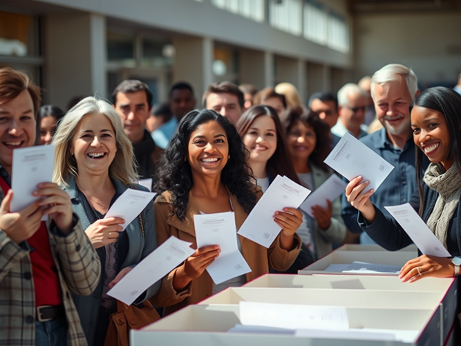 A diverse group of people smiles while holding ballots in their hands, standing in line at a voting station. In the foreground, several individuals are depositing their completed ballots into large, white ballot boxes. The setting appears bright and welcoming, with natural light streaming in through large windows. The scene conveys a sense of community, civic engagement, and trust in the democratic process.

A diverse group of people smiles while holding ballots in their hands, standing in line at a voting station. In the foreground, several individuals are depositing their completed ballots into large, white ballot boxes. The setting appears bright and welcoming, with natural light streaming in through large windows. The scene conveys a sense of community, civic engagement, and trust in the democratic process.


