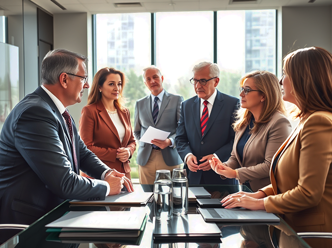 A group of professionals, consisting of both men and women of various ages, sits and stands around a glass conference table in a modern office setting. Two individuals, one seated on each side of the table, appear to be leading the discussion, while others listen attentively or contribute. Documents, folders, and glasses of water are neatly placed on the table, emphasizing the formal nature of the meeting. Large windows in the background provide natural light and a view of urban buildings. The scene conveys collaboration, negotiation, and a focus on reaching mutual understanding or reform.