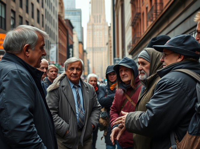 A group of men, representing diverse socioeconomic backgrounds, is engaged in a serious discussion on a city street. The scene features well-dressed individuals in suits alongside others wearing hooded jackets and casual clothing, suggesting different walks of life coming together. The backdrop includes urban architecture, with tall buildings and a mix of modern and older styles. The interaction conveys a sense of mutual respect and the shared humanity of the participants, despite visible differences in social status.