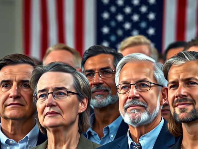 A group of diverse individuals, primarily middle-aged and older adults, is shown standing closely together, looking forward with serious and resolute expressions. The background features a large American flag, suggesting a patriotic or formal setting. The individuals are dressed in professional attire, and the lighting highlights their facial features, emphasizing a sense of unity and determination.