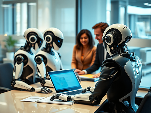 In a modern office, three humanoid robots with sleek white and black exteriors sit around a conference table with laptops as if participating in a meeting. Across the table, a man and a woman in business attire sit closely together, observing the robots with friendly expressions. The room is bright, with large windows and a clean, open design. The robots have circular sensors on their heads and articulated limbs, giving them a high-tech, futuristic appearance.