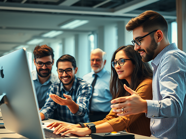 Four young professionals gather around a large desktop computer in a bright, modern office, engaged in a collaborative discussion. Three men and one woman, all casually dressed and smiling, are focused on the screen, with two gesturing as they talk. In the background, an older man in a dress shirt and tie observes them with a friendly expression. The room is well-lit with large windows and a spacious, open layout, creating an energetic and positive work environment.