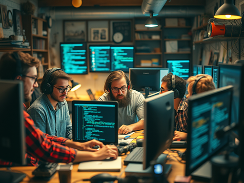 Five people sit around a table in a dimly lit workspace, focused intently on multiple computer monitors displaying lines of code. The team members, wearing headphones and casual attire, are engaged in a collaborative coding or development session, with some discussing and pointing at the screens. The background features additional monitors with code, shelves filled with books and equipment, and an industrial-style ceiling with exposed ducts, creating a tech-focused, hacker-style environment. The setting suggests a late-night or intense work session in a dedicated programming or cybersecurity workspace.