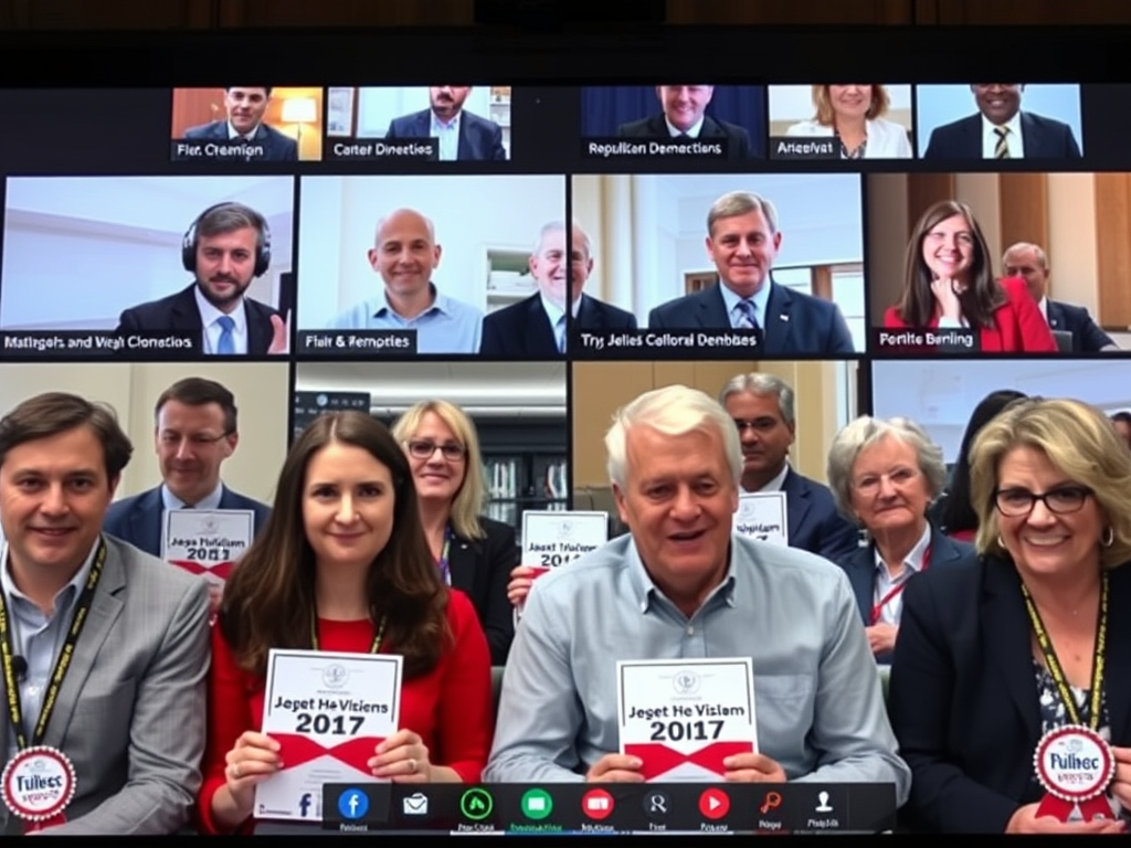 A hybrid group photo featuring people both in-person and on a video call. The in-person attendees are seated in the foreground, holding certificates and smiling warmly for the camera. Behind them are additional in-person participants and bookshelves in a professional setting. The top portion of the image shows a virtual meeting grid with participants joining remotely, each in individual video call frames with their names displayed. The scene conveys a celebratory event, blending physical and virtual participation.