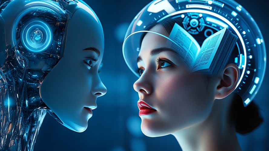 A futuristic digital artwork showing a close-up of a human woman and a humanoid robot face-to-face against a dark blue, high-tech background. The woman on the right has fair skin, red lips, and a focused expression. She is wearing a glowing, transparent headpiece with holographic elements, including a floating, open book near her head, symbolizing knowledge or learning. The robot on the left has a metallic face with visible internal mechanisms and a glowing circular element in its head, resembling an artificial eye. Both figures are illuminated by soft blue light, emphasizing the contrast between organic and mechanical features.